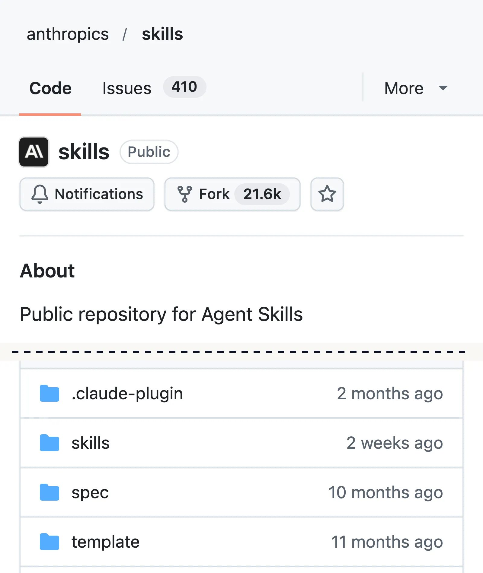 Trang kho skill anthropics/skills trên GitHub, mở không đăng nhập ngày 21/10/2026