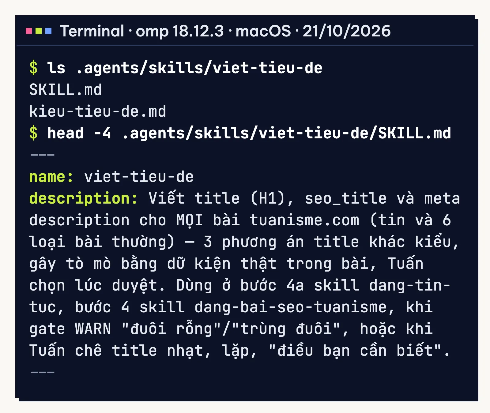Thư mục skill viet-tieu-de trong OMP gồm SKILL.md và kieu-tieu-de.md, kèm bốn dòng đầu của SKILL.md