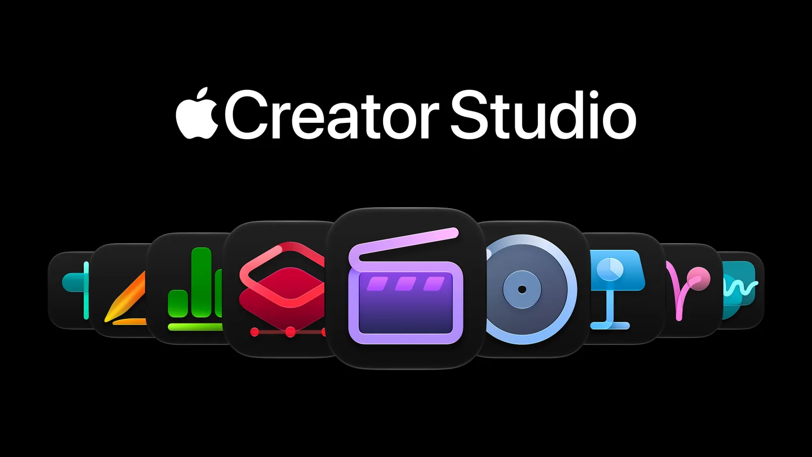 Chữ Apple Creator Studio trên hàng biểu tượng Keynote, Pages, Numbers, Final Cut Pro, Logic Pro