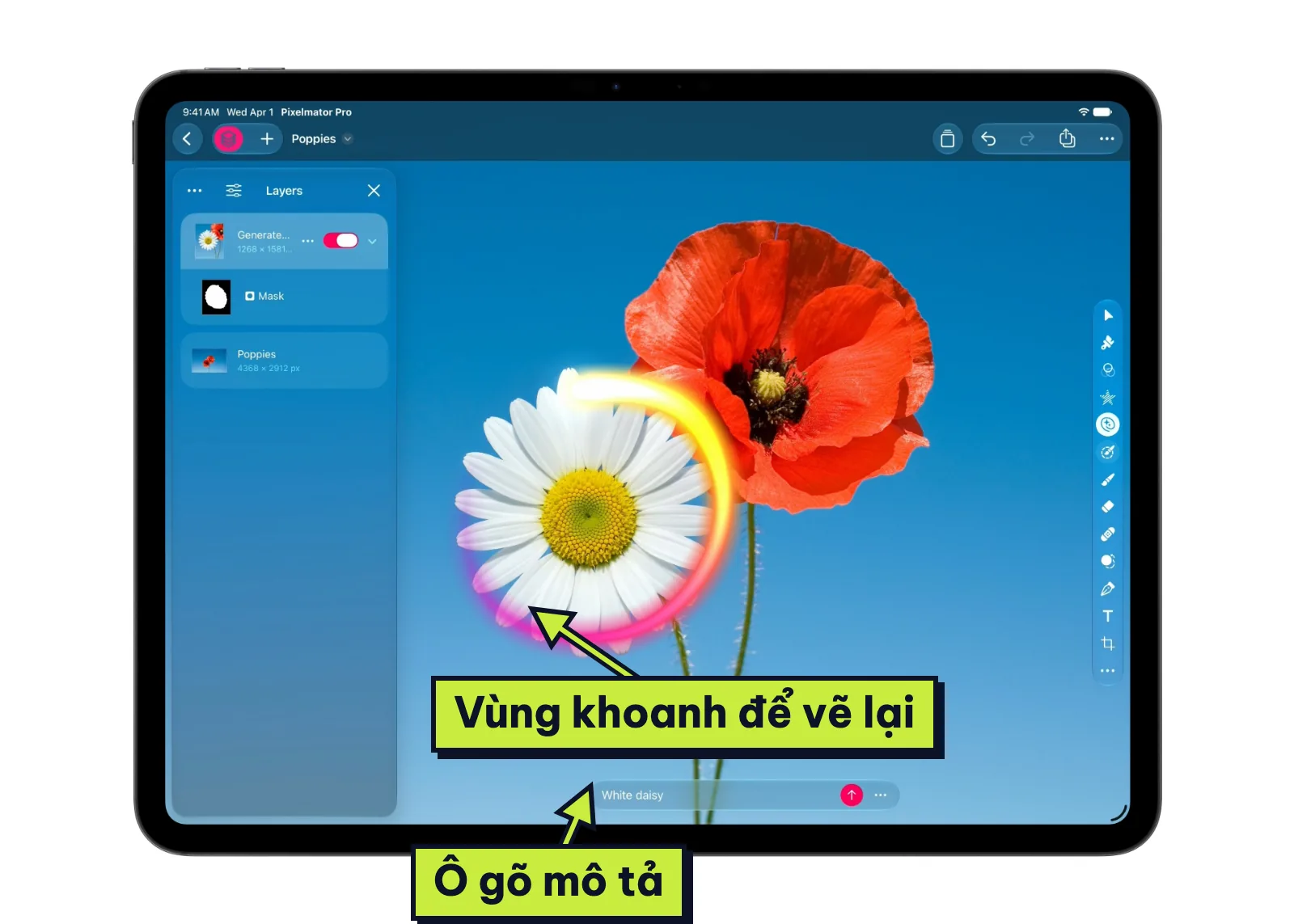 Generate Fill trong Pixelmator Pro thêm bông cúc trắng vào ảnh theo mô tả