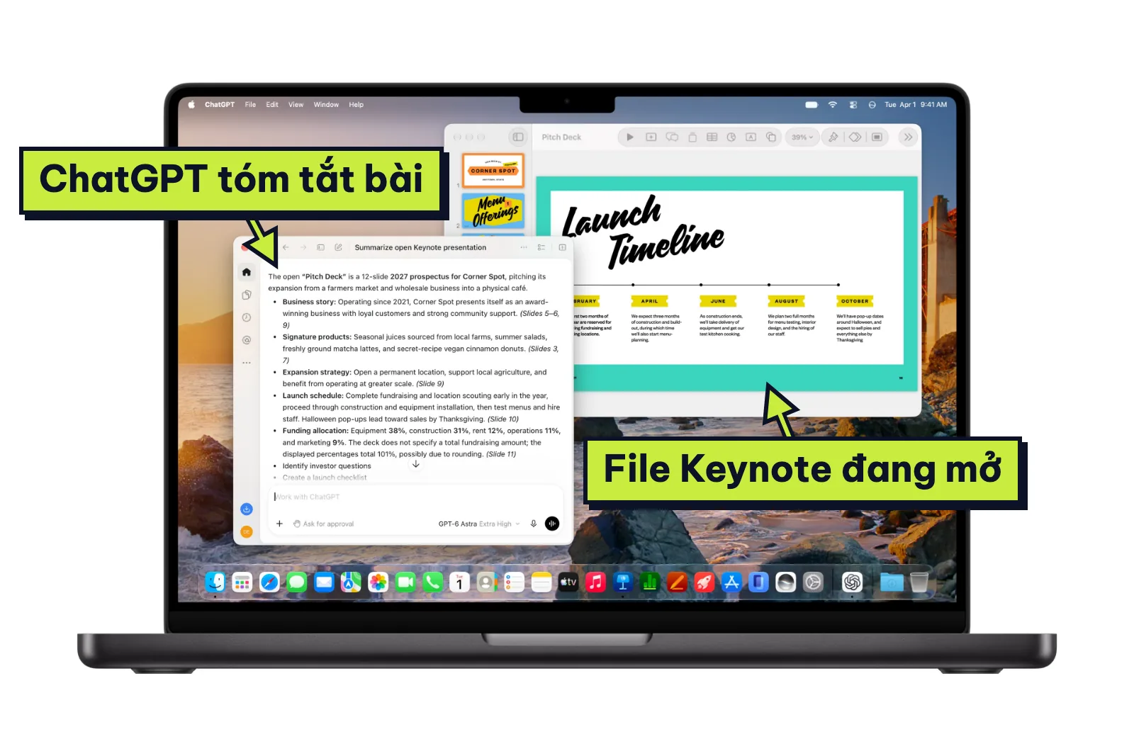 App ChatGPT trên MacBook tóm tắt bài thuyết trình Keynote đang mở