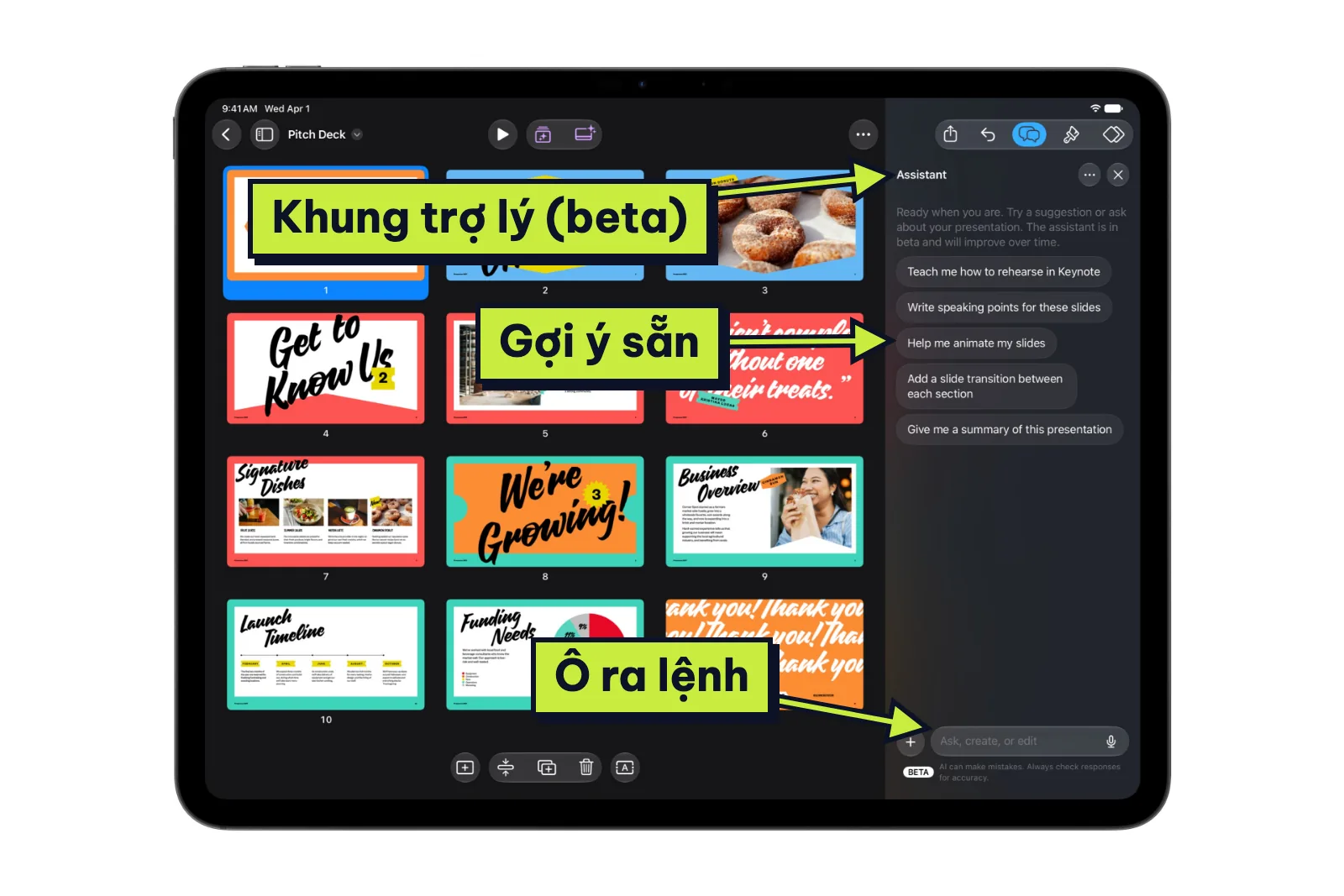 Trợ lý AI bản beta trong Keynote trên iPad, giao diện tiếng Anh