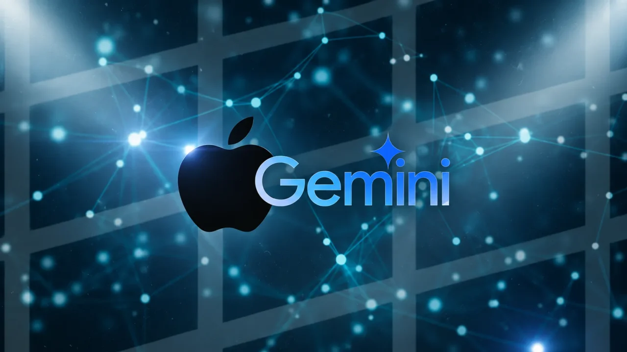 Logo táo Apple màu đen cạnh chữ Gemini xanh có ngôi sao bốn cánh, nền mạng nơ-ron xanh ngọc