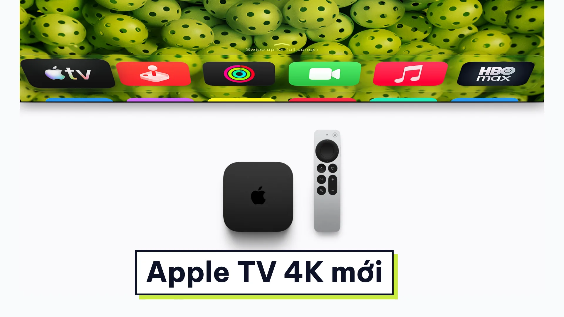 Hộp Apple TV 4K mới màu đen và remote bạc, phía trên là màn hình chính tvOS (Apple TV 4K có Siri AI)