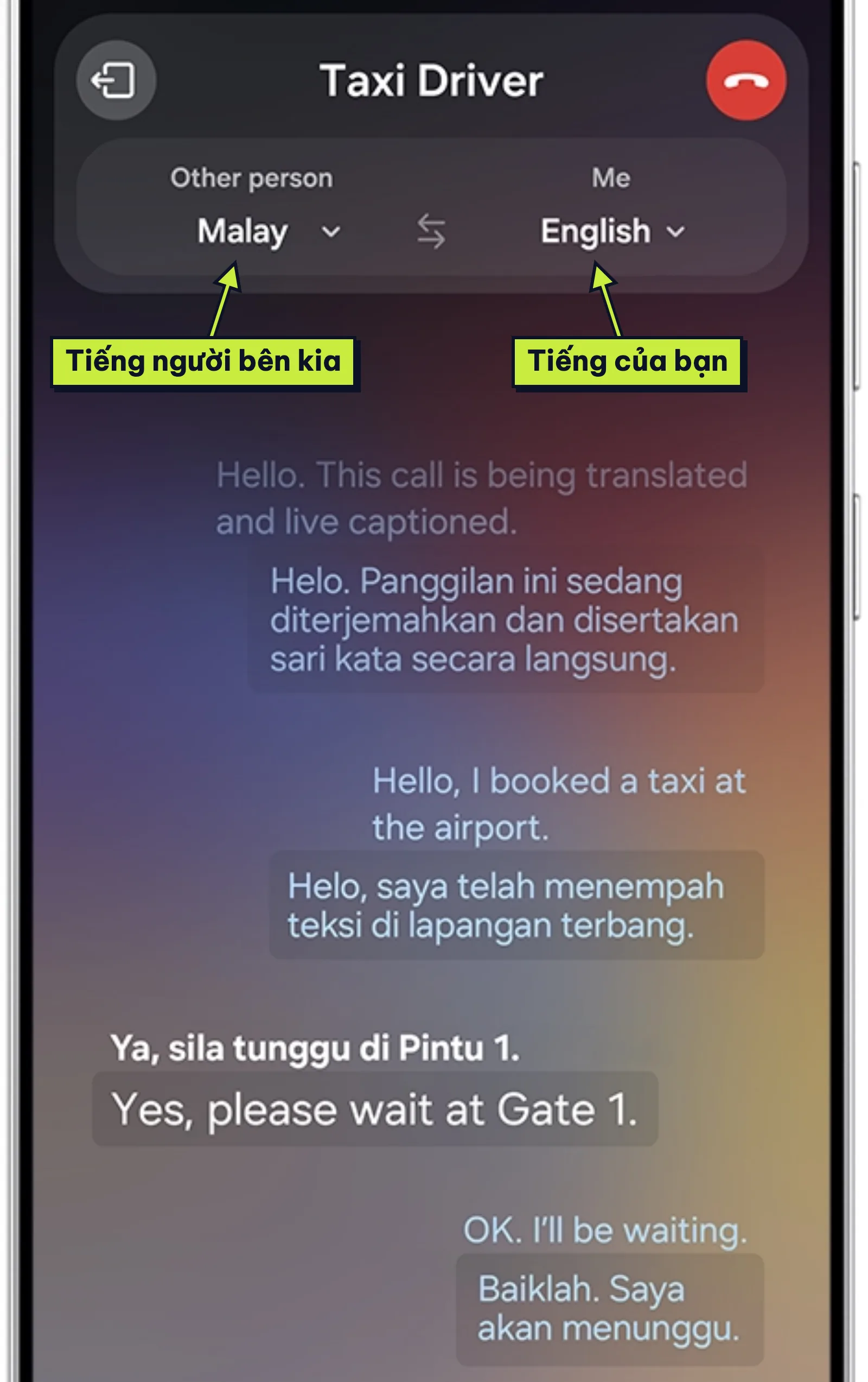 Live Translate dịch cuộc gọi giữa tiếng Mã Lai và tiếng Anh trên điện thoại Galaxy
