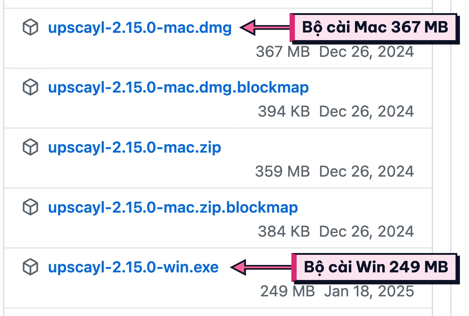 Khung Assets bản Upscayl v2.15.0 trên GitHub, đánh dấu file .dmg 367 MB cho Mac và file .exe 249 MB cho Windows