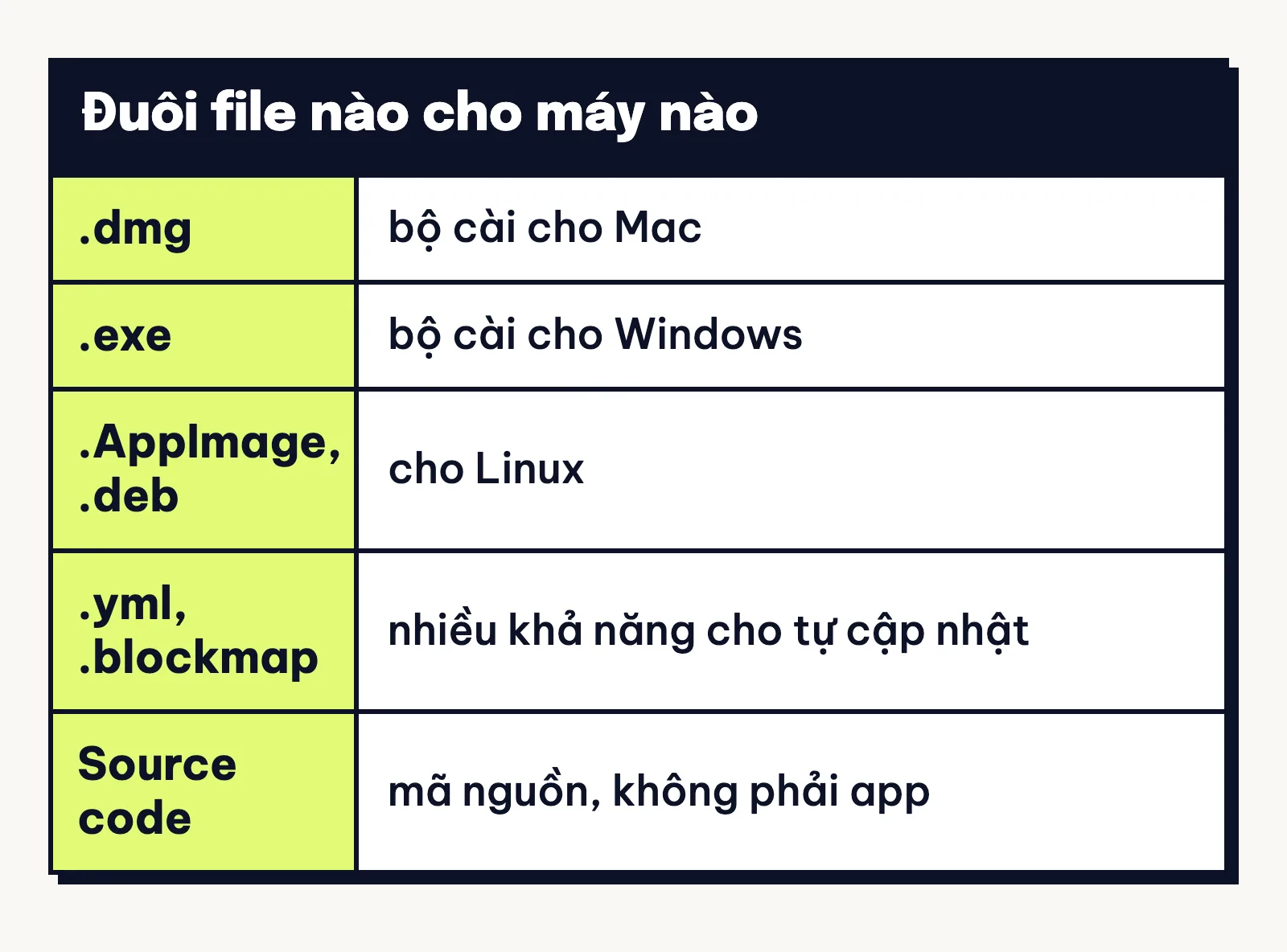 Thẻ tra đuôi file trong Assets: .dmg cho Mac, .exe cho Windows, .AppImage và .deb cho Linux, Source code là mã nguồn