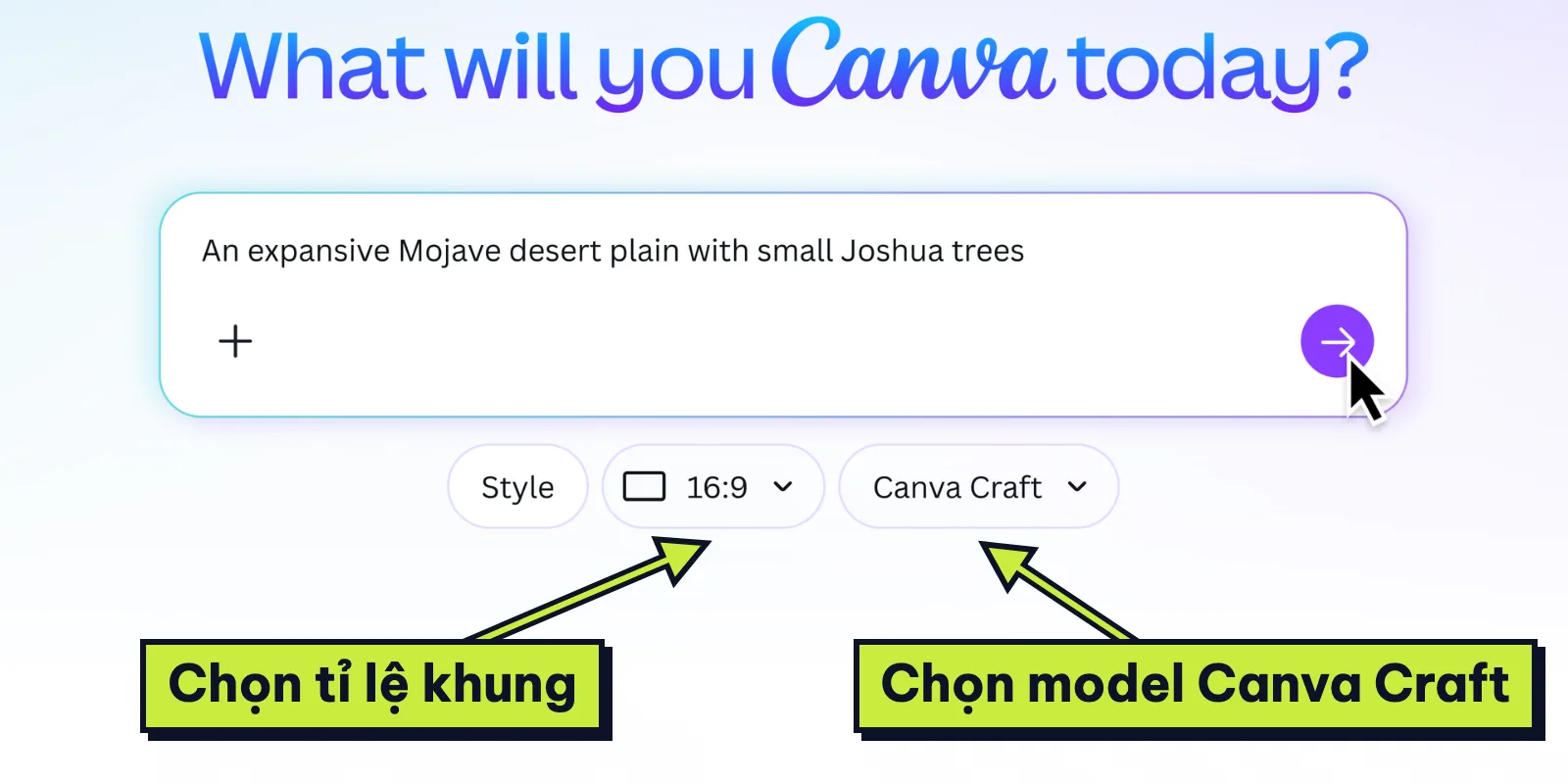 Ô câu lệnh tạo ảnh trong Canva, có nút chọn model và tỉ lệ khung 16:9