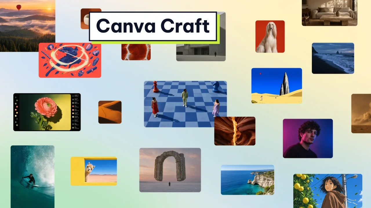 Ảnh Canva giới thiệu Canva Craft: lưới ảnh mẫu do model tạo, có phong cảnh, chân dung, nội thất, hoạ tiết