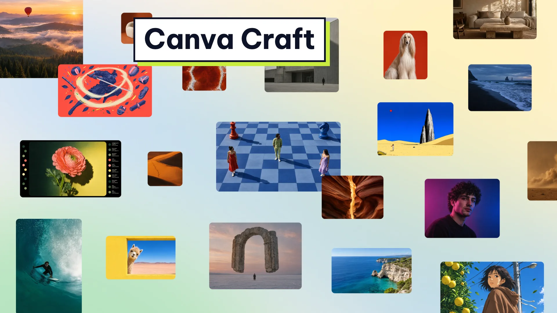 Ảnh Canva giới thiệu Canva Craft: lưới ảnh mẫu do model tạo, có phong cảnh, chân dung, nội thất, hoạ tiết