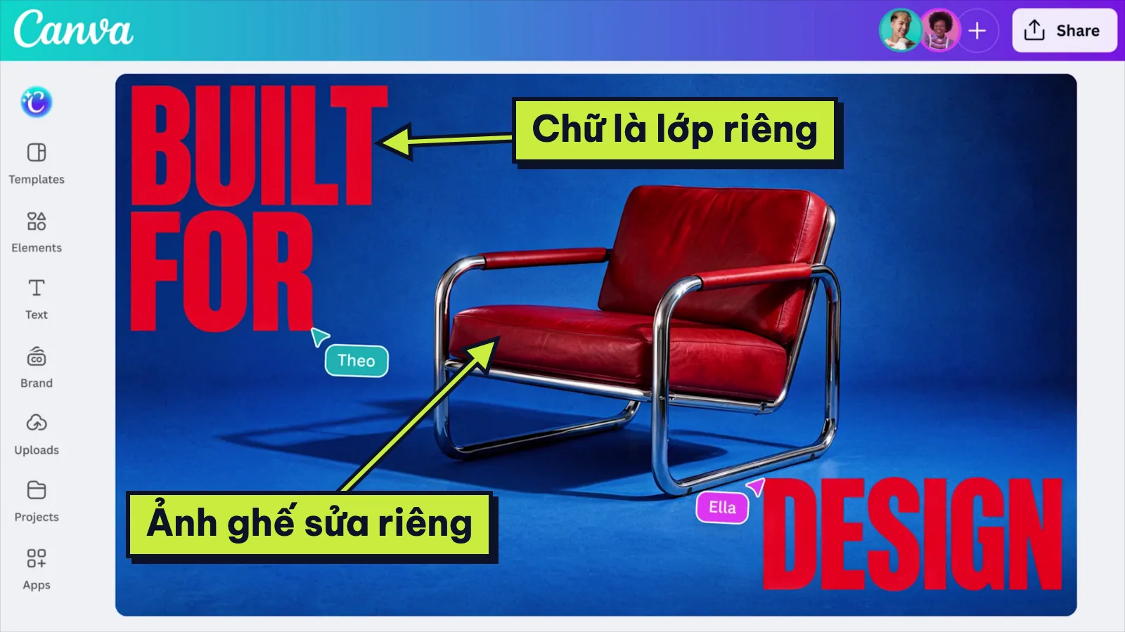 Ảnh ghế đỏ mở trong trình chỉnh sửa Canva, chữ BUILT FOR DESIGN nằm ở lớp riêng