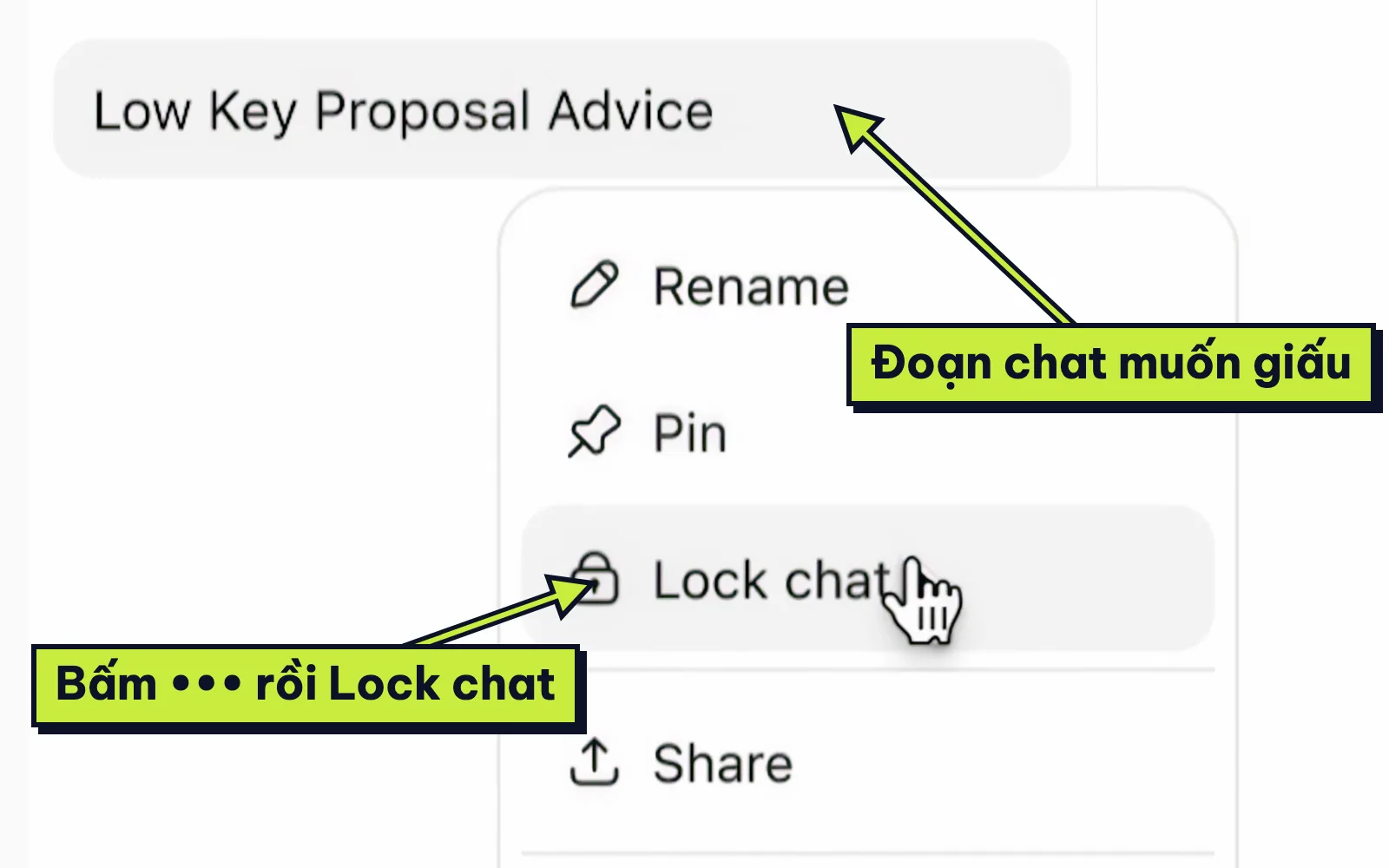 Menu ba chấm của một đoạn chat ChatGPT với mục Lock chat để khoá đoạn chat