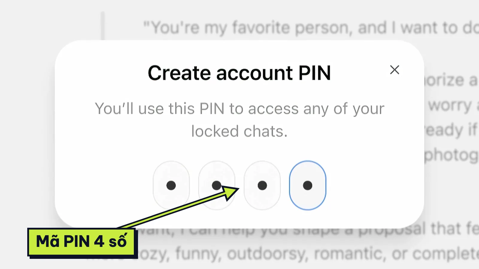 Hộp Create account PIN của ChatGPT với 4 ô nhập mã PIN khoá đoạn chat