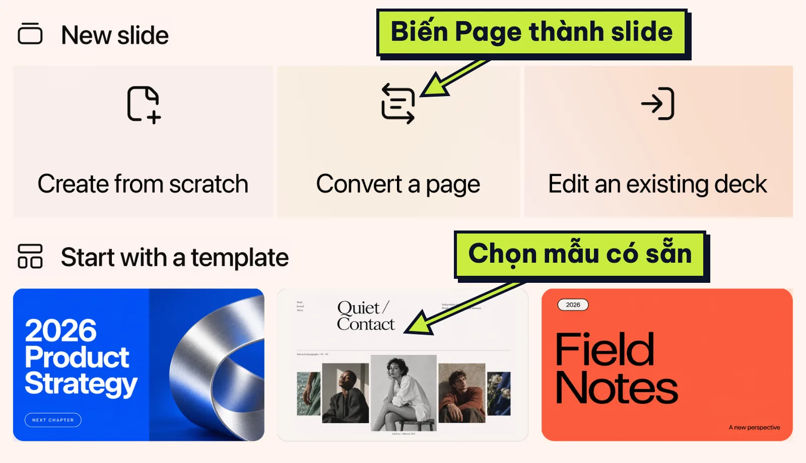 Hộp New slide của ChatGPT Slides với các cách bắt đầu và mẫu trình chiếu có sẵn