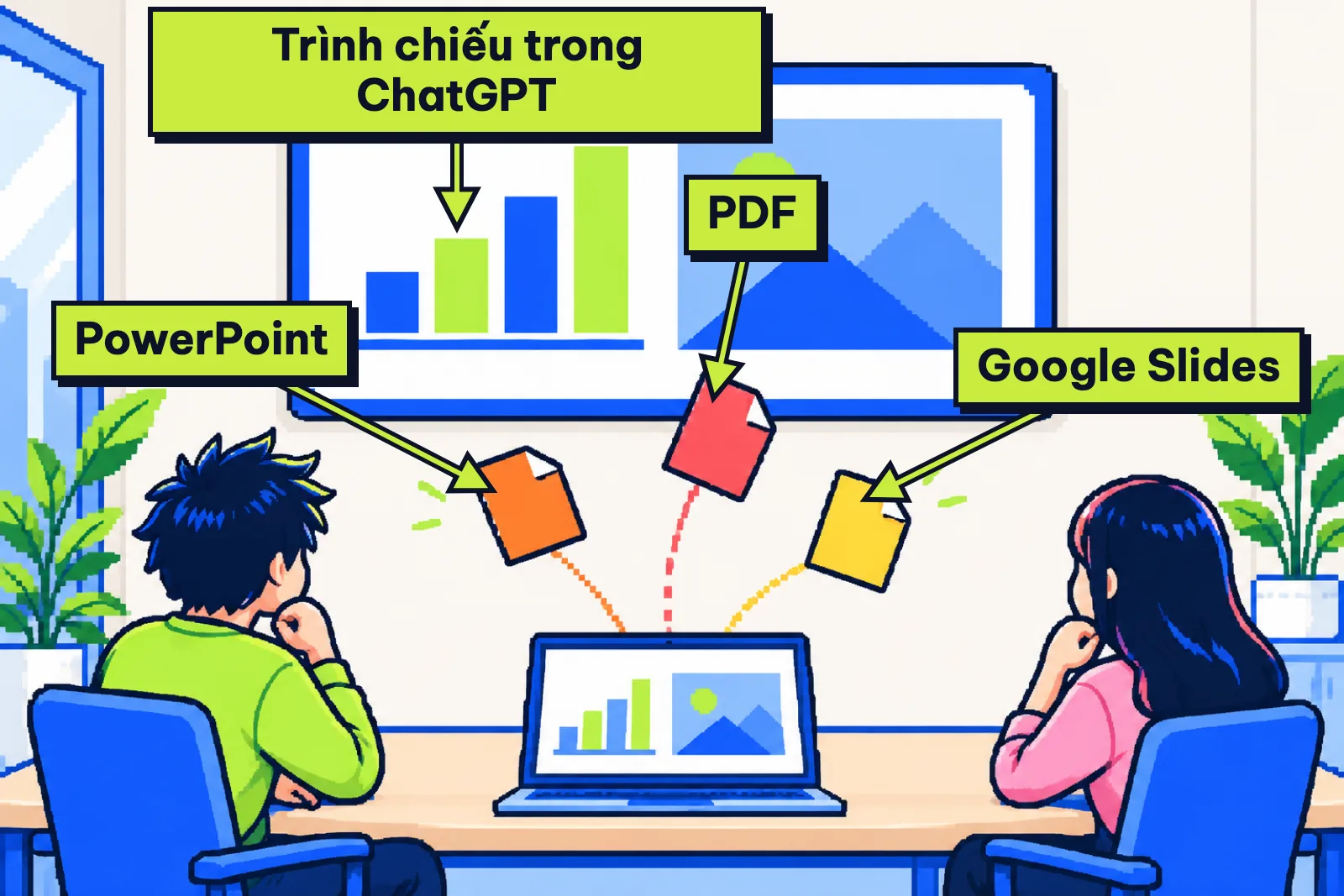 Tranh bộ slide chiếu trên màn lớn, laptop tách ra ba tệp xuất khác màu