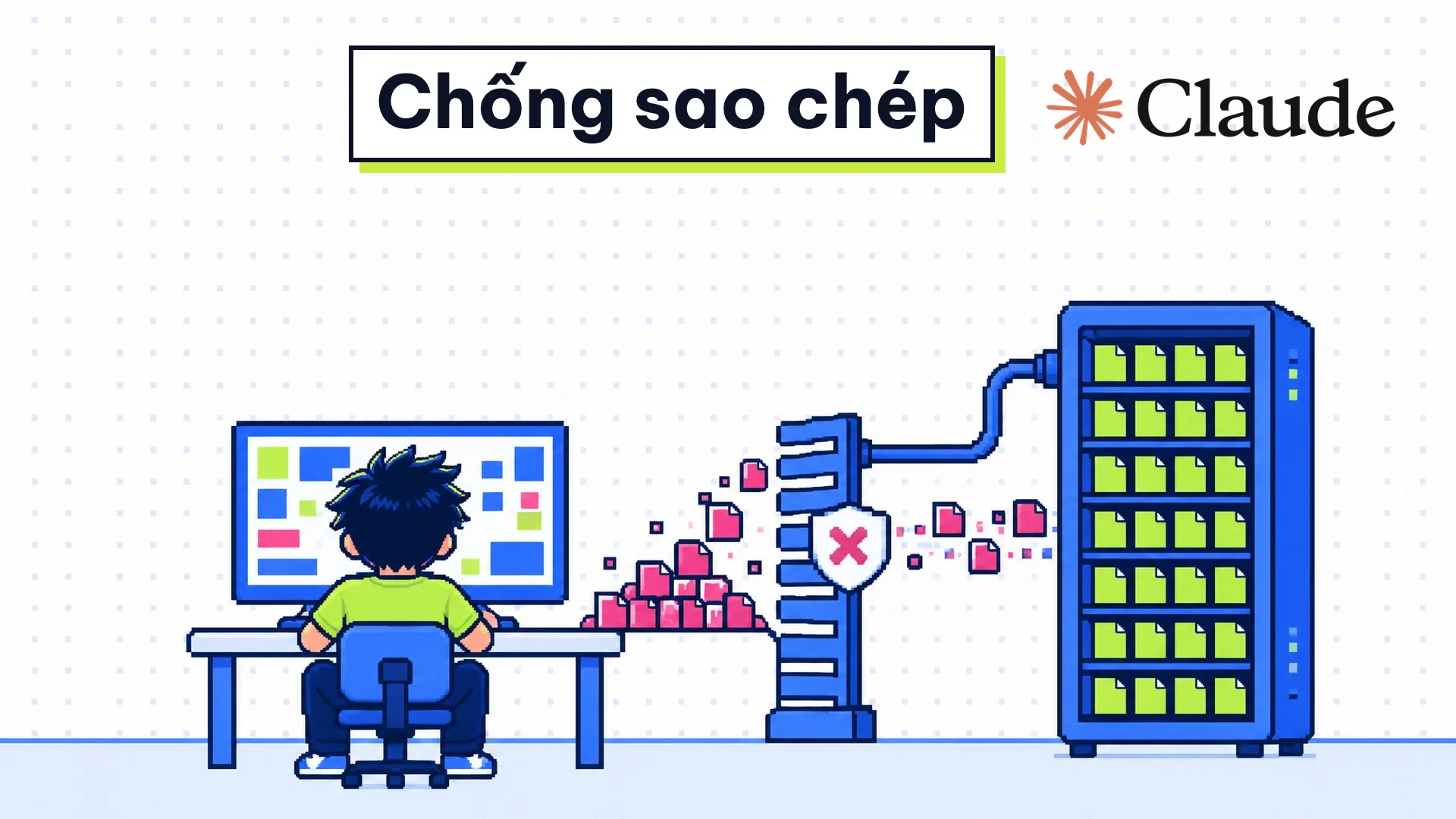 Logo Claude trên tranh minh hoạ chống sao chép, với đường lấy dữ liệu suy luận từ máy chủ bị chặn