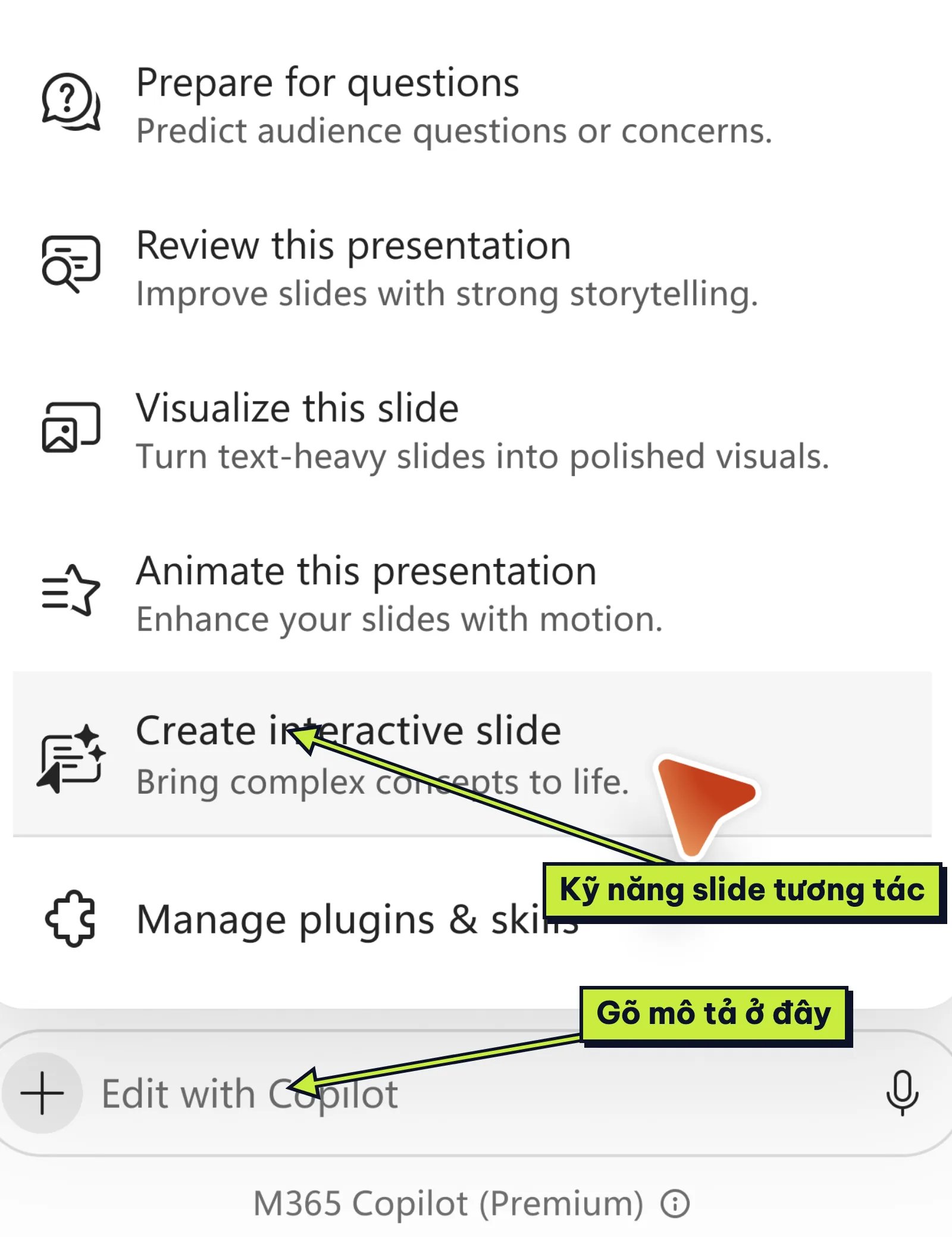 Menu kỹ năng của Copilot trong PowerPoint với mục Create interactive slide để tạo slide tương tác