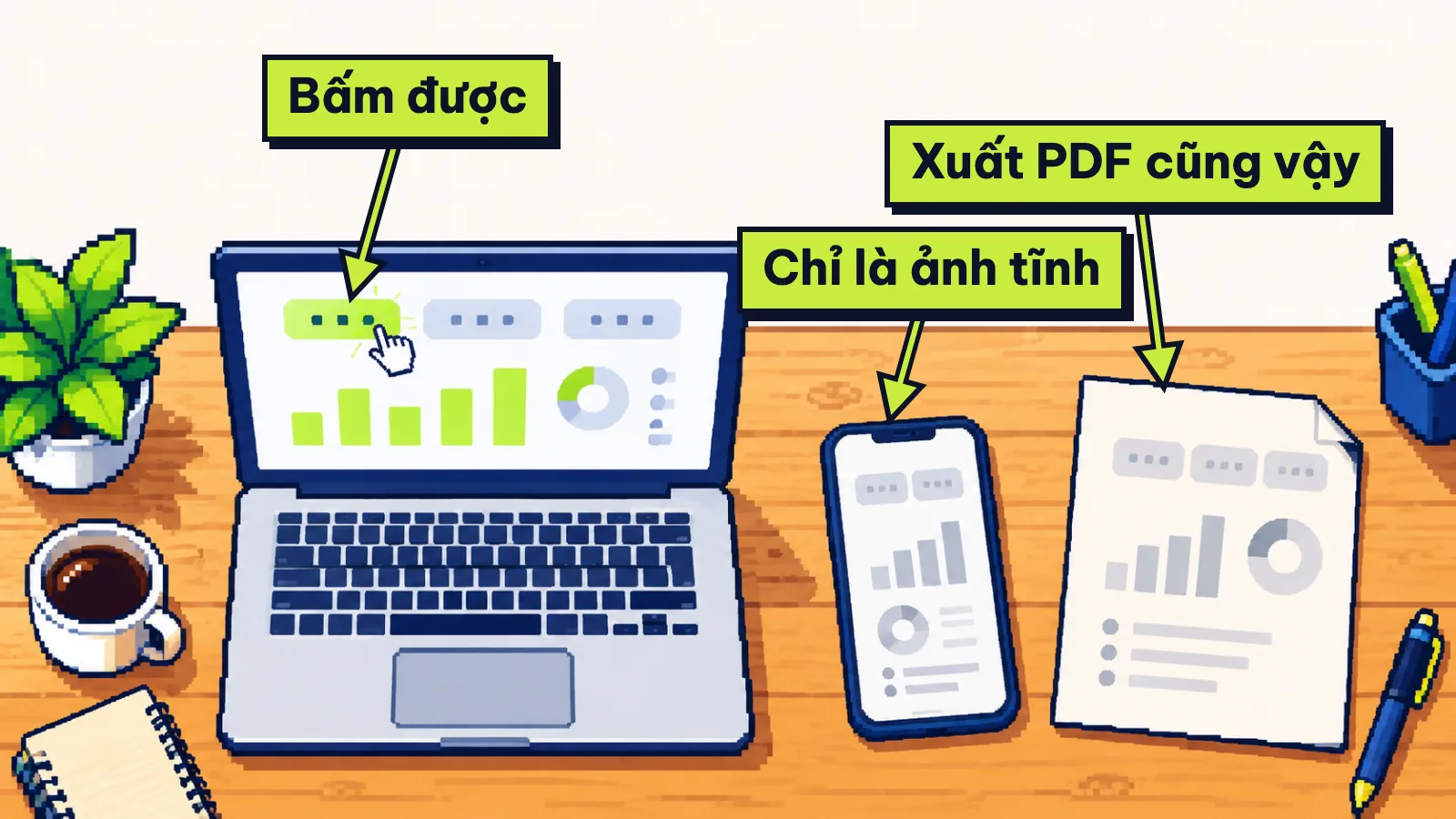 Tranh laptop bấm được slide, điện thoại và bản in PDF chỉ hiện ảnh tĩnh