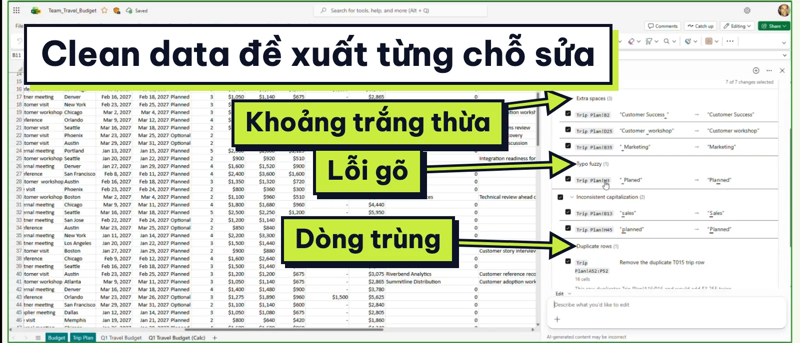 Khung Copilot liệt kê đề xuất sửa khoảng trắng, lỗi gõ, chữ hoa và dòng trùng
