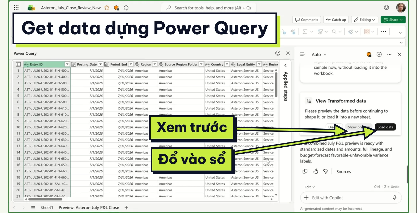 Ngăn Power Query do Copilot dựng và thẻ xem trước dữ liệu với nút Load data