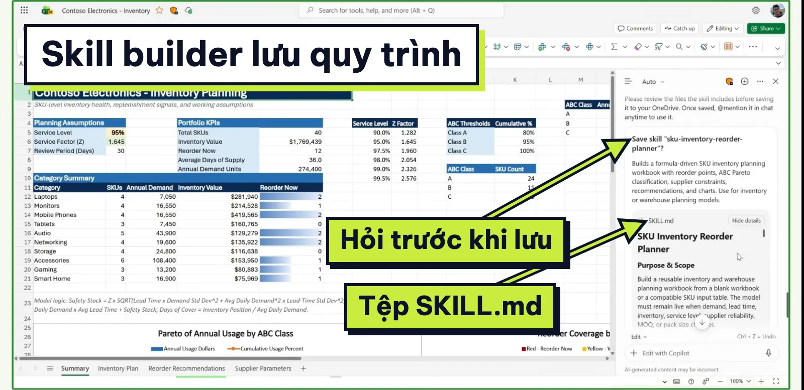 Khung Copilot trong Excel hỏi lưu skill và cho xem trước tệp SKILL.md