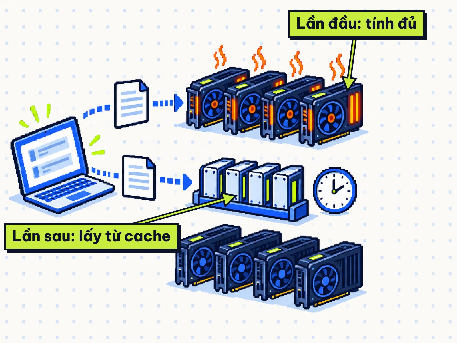 Tranh laptop gửi cùng tài liệu hai lần, lần sau lấy từ kệ ổ SSD, minh hoạ cache của DeepSeek