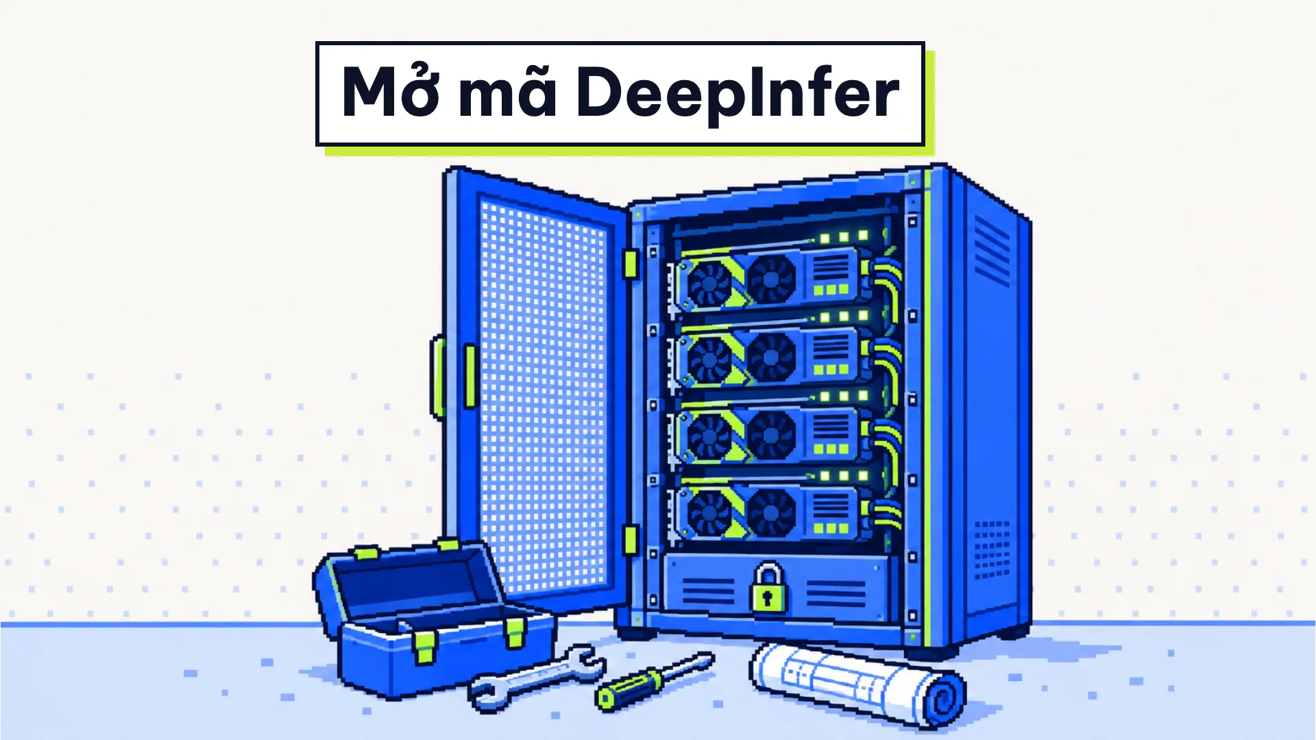 Tranh pixel-art tủ máy chủ mở cửa, hộp đồ nghề và một ngăn khoá, minh hoạ DeepSeek DeepInfer mở mã trừ phần cache
