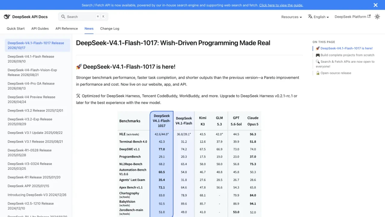 Trang thông báo DeepSeek V4.1 Flash 1017 trên DeepSeek API Docs, kèm bảng điểm so với bản V4.1 Flash cũ