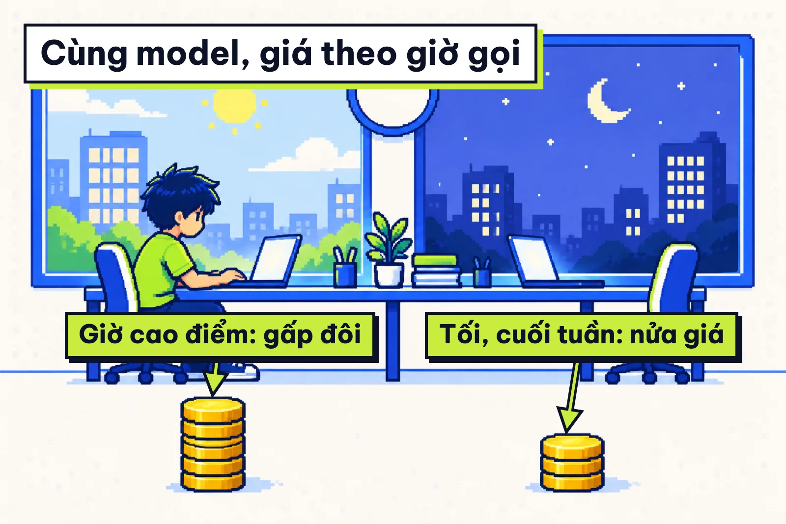 Tranh văn phòng ban ngày và ban đêm với hai chồng xu, minh hoạ giá API DeepSeek theo giờ