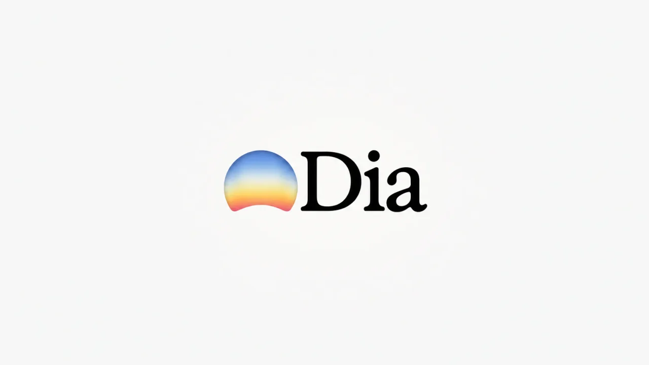 Logo trình duyệt Dia: hình vòm chuyển màu xanh vàng hồng cạnh chữ Dia trên nền xám nhạt