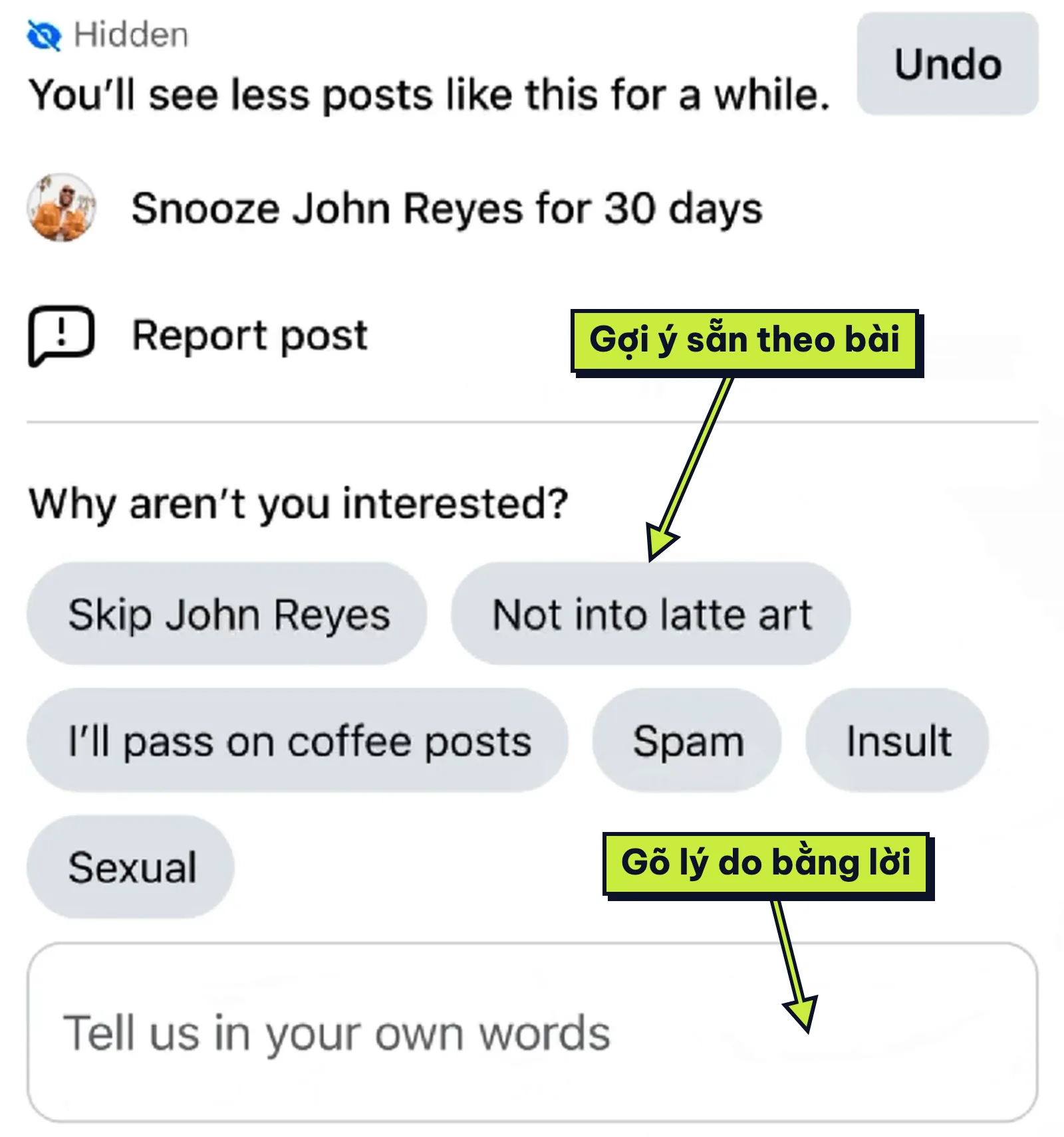 Facebook hỏi vì sao không quan tâm bài viết, kèm gợi ý và ô gõ lý do bằng lời