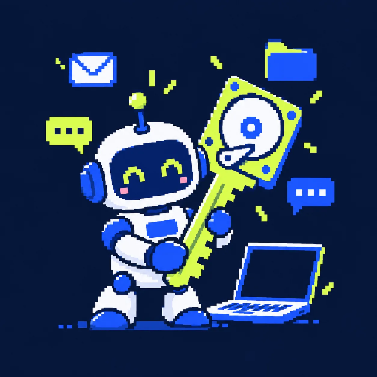 Robot AI cầm chìa khoá hình ổ đĩa, bên laptop, thư và thư mục, minh hoạ quyền đọc toàn bộ máy