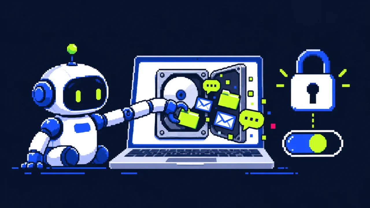 Robot AI thò tay vào ổ đĩa trên laptop, cạnh ổ khoá: minh hoạ quyền Full Disk Access trên Mac