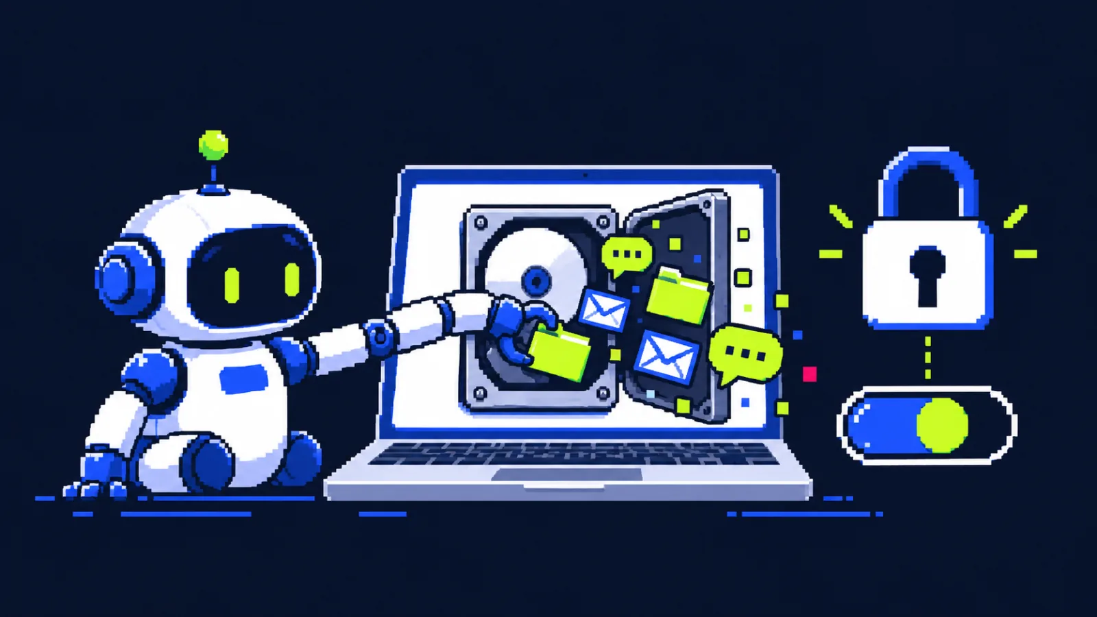 Robot AI thò tay vào ổ đĩa trên laptop, cạnh ổ khoá: minh hoạ quyền Full Disk Access trên Mac