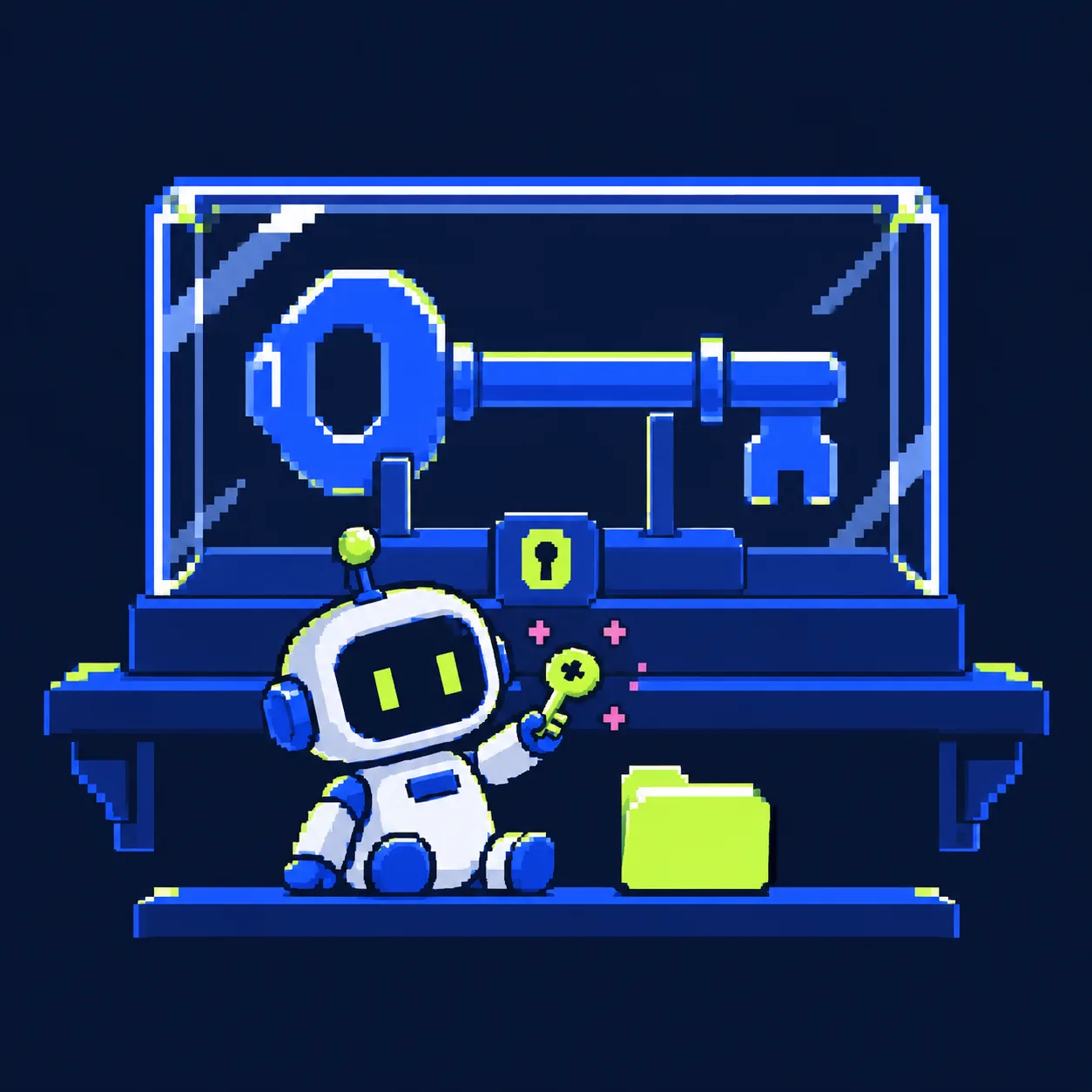 Chìa khoá lớn bị khoá trong hộp kính, robot chỉ cầm một chìa nhỏ bên một thư mục