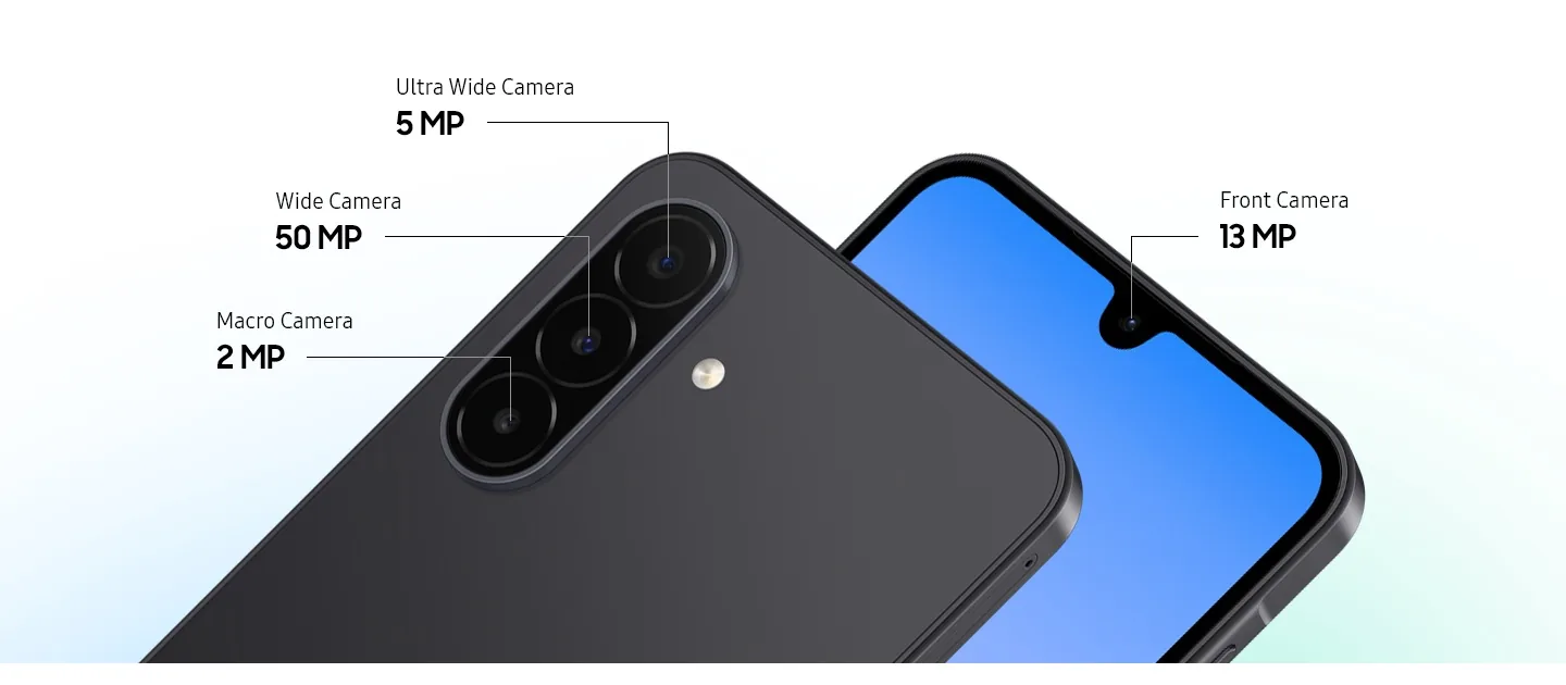 Galaxy A18 màu đen nhìn mặt lưng với bộ ba camera 50 MP, 5 MP, 2 MP và mặt trước màn 6,7 inch