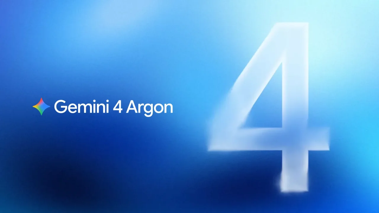 Chữ Gemini 4 Argon cạnh số 4 lớn trên nền xanh, ảnh giới thiệu của Google
