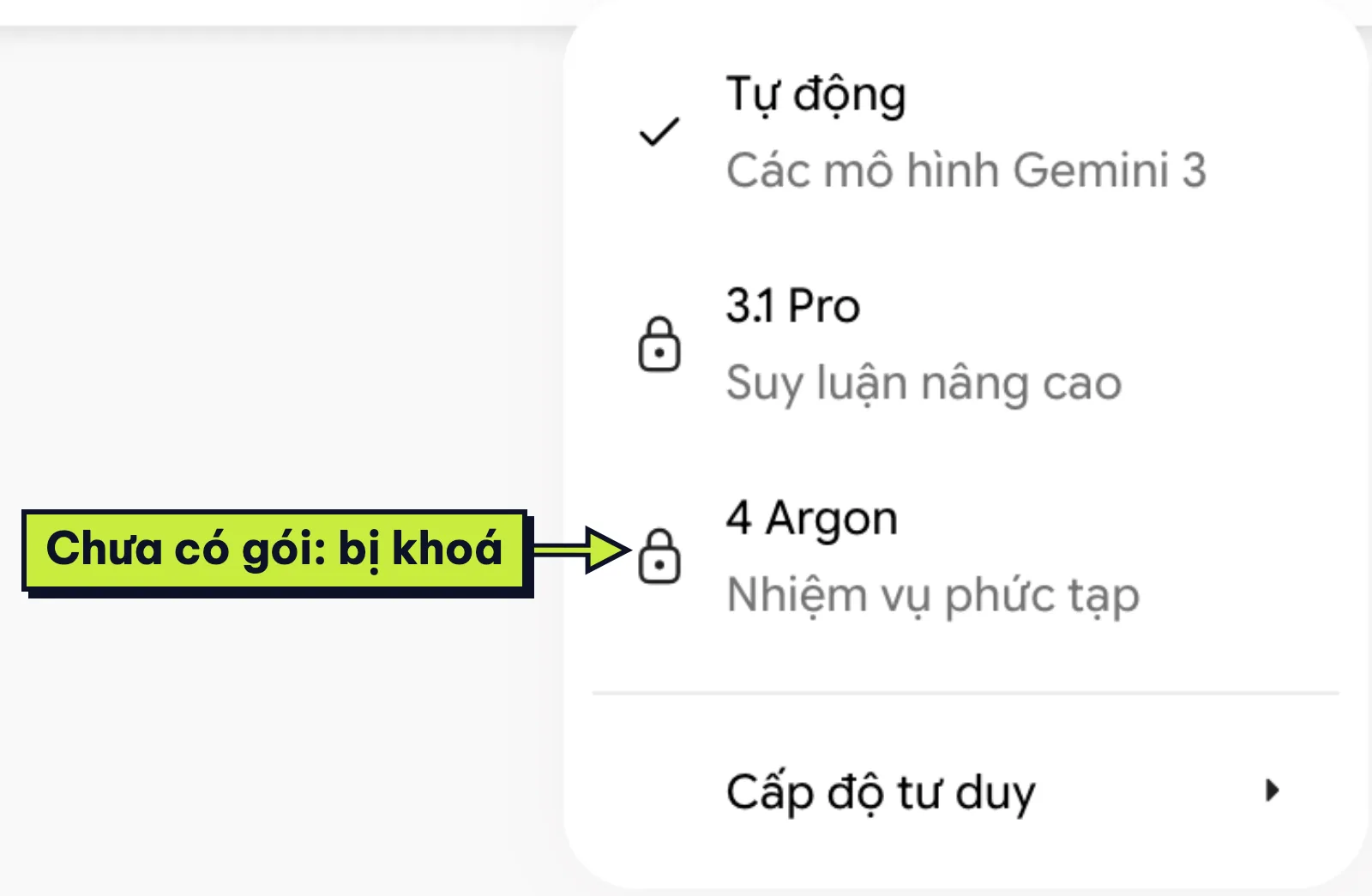 Menu chọn model Gemini app tiếng Việt có Gemini 4 Argon bị khoá ở tài khoản chưa có gói Pro