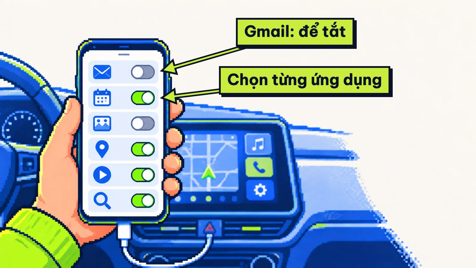 Tranh điện thoại với công tắc chọn ứng dụng cho Trí thông minh cá nhân, Gmail để tắt