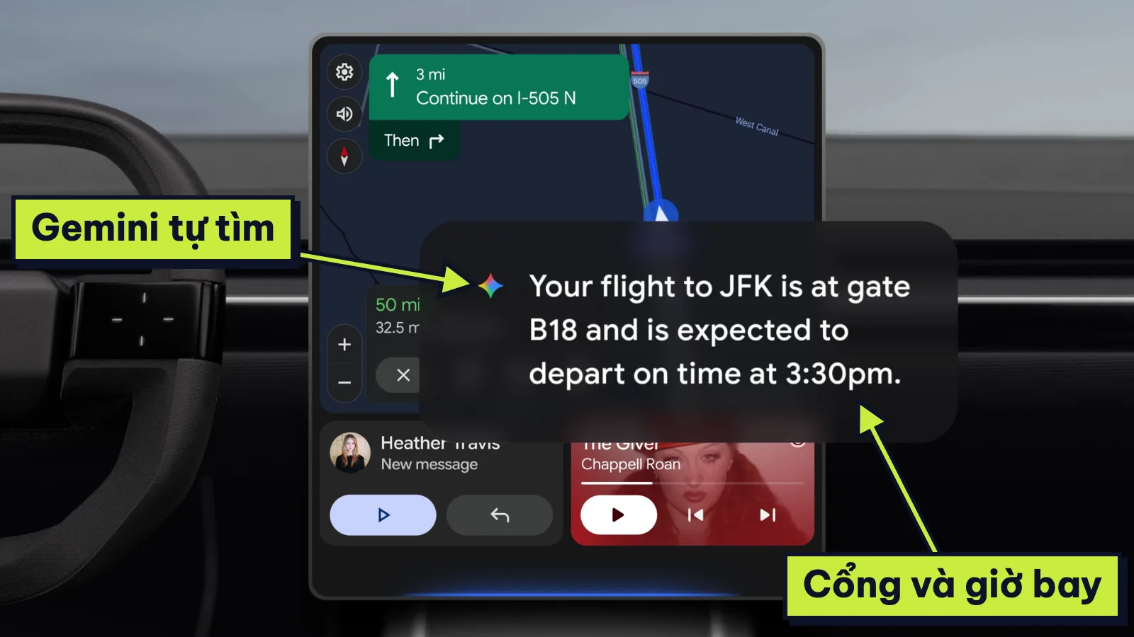 Gemini trả lời cổng bay và giờ khởi hành ngay trên màn hình Android Auto