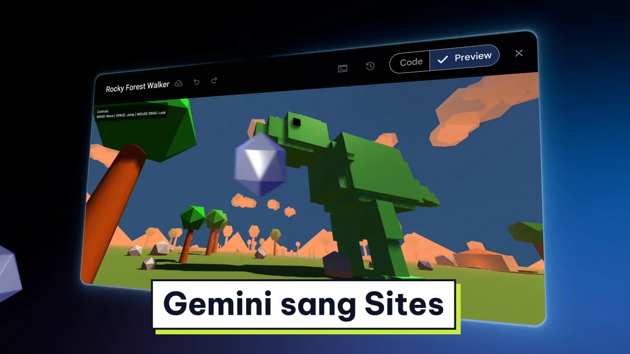 Cửa sổ app trò chơi 3D dựng trong Gemini Canvas, nút Code và Preview ở góc trên