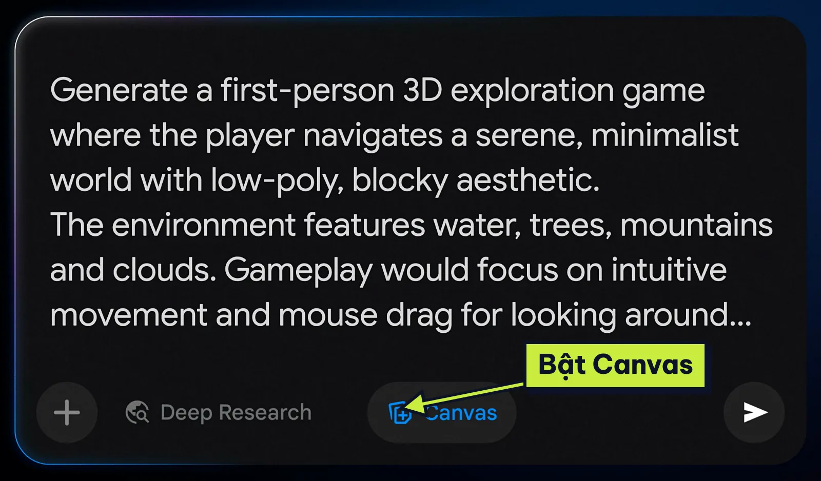 Ô nhập Gemini Canvas với nút Canvas sáng lên, yêu cầu tạo một game 3D
