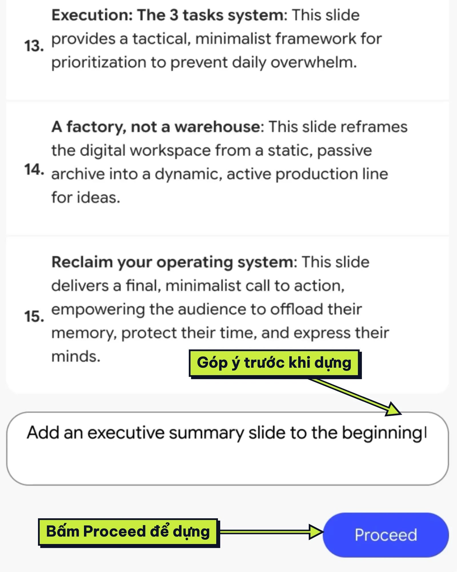 Dàn ý Gemini Notebook tạo slide, ô góp ý thêm slide tóm tắt và nút Proceed
