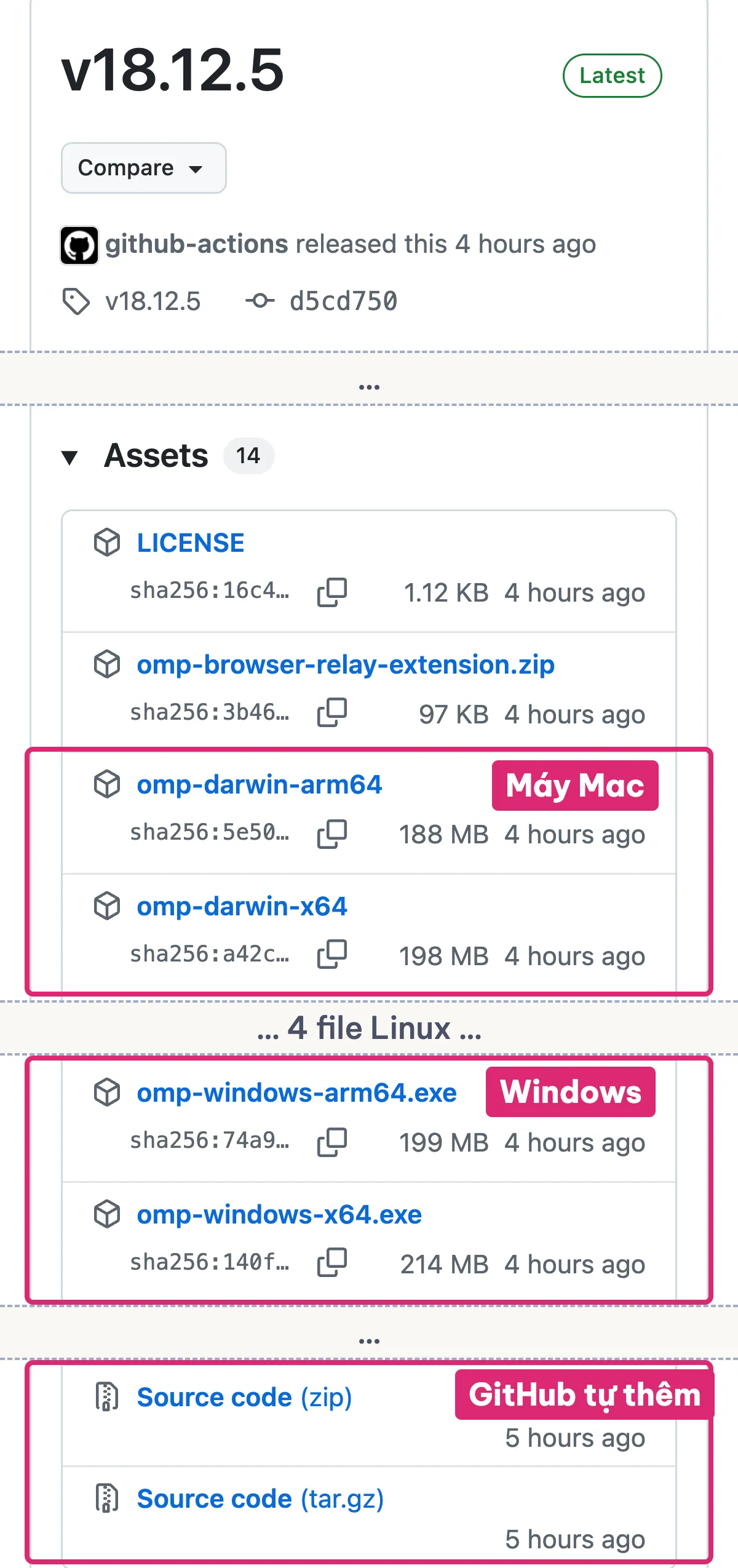 Mục Assets của OMP bản v18.12.5, khoanh file cho máy Mac, file .exe cho Windows và hai file mã nguồn GitHub tự thêm