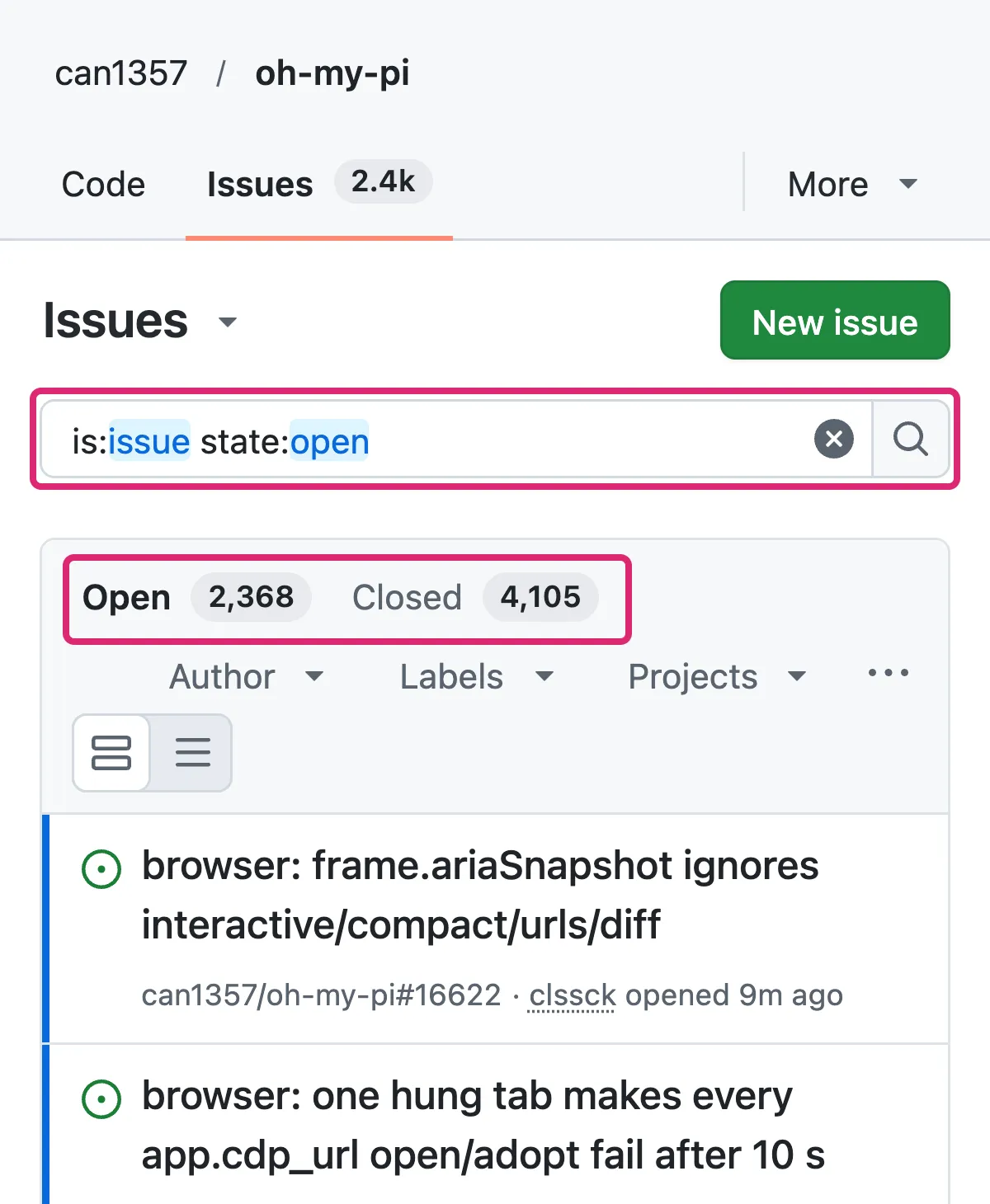 Tab Issues của repo oh-my-pi, khoanh ô tìm kiếm và số issue: 2.368 đang mở, 4.105 đã đóng