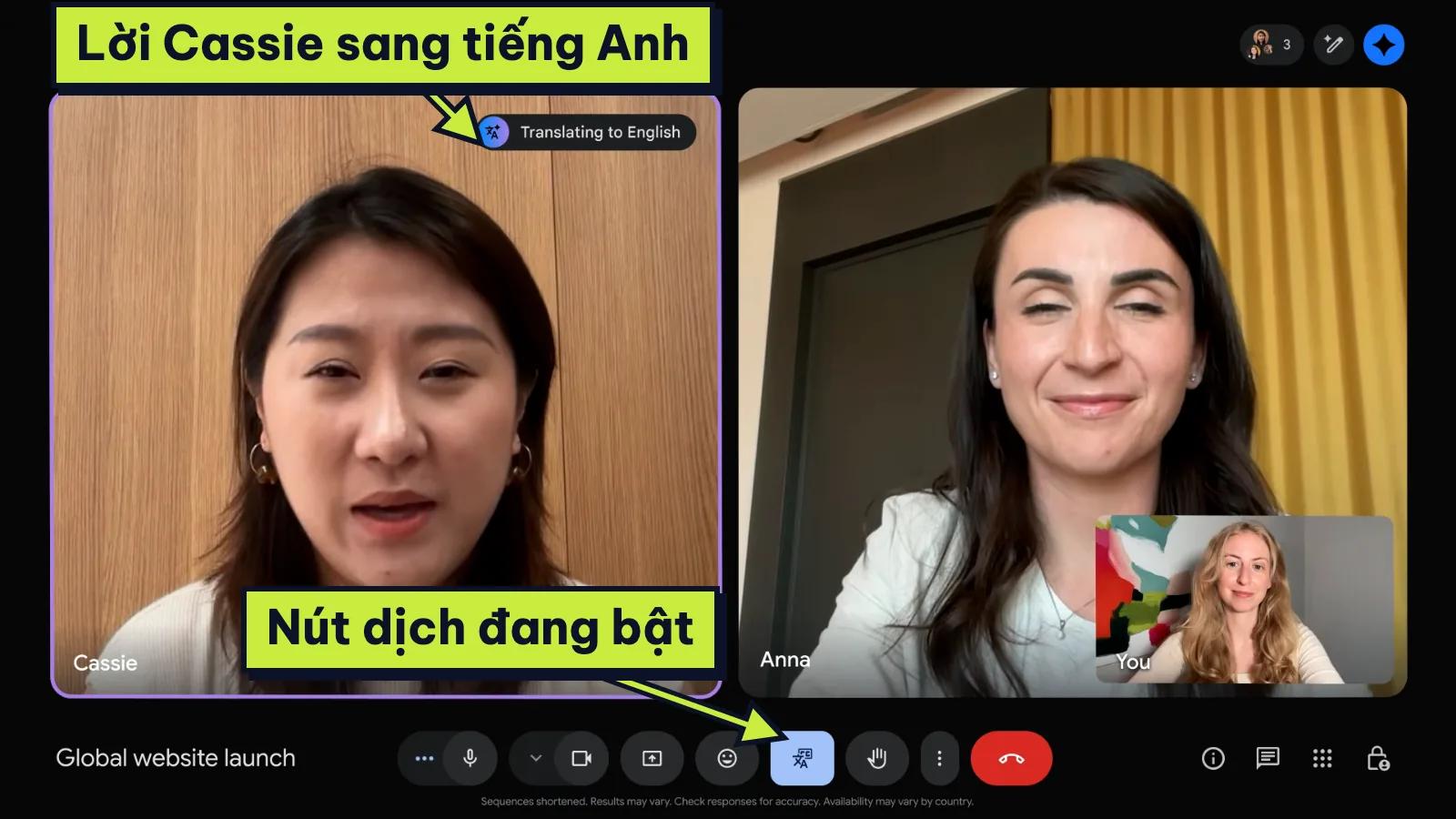 Thẻ Translating to English trên ô người nói trong cuộc họp Google Meet