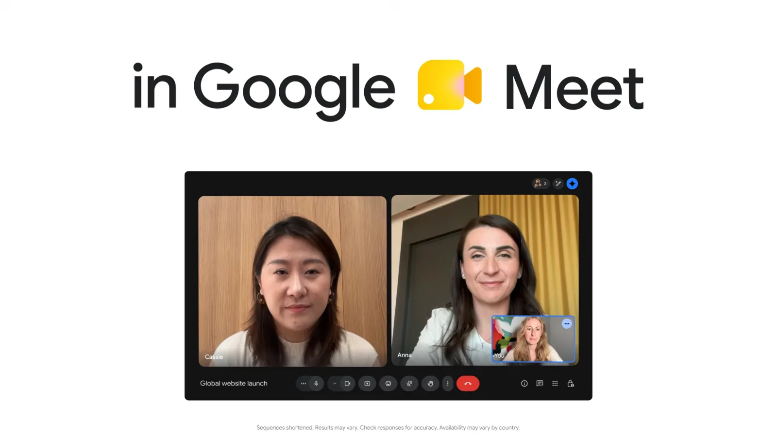 Google Meet dịch giọng nói: cuộc họp ba người trên Google Meet, khung hình video giới thiệu của Google
