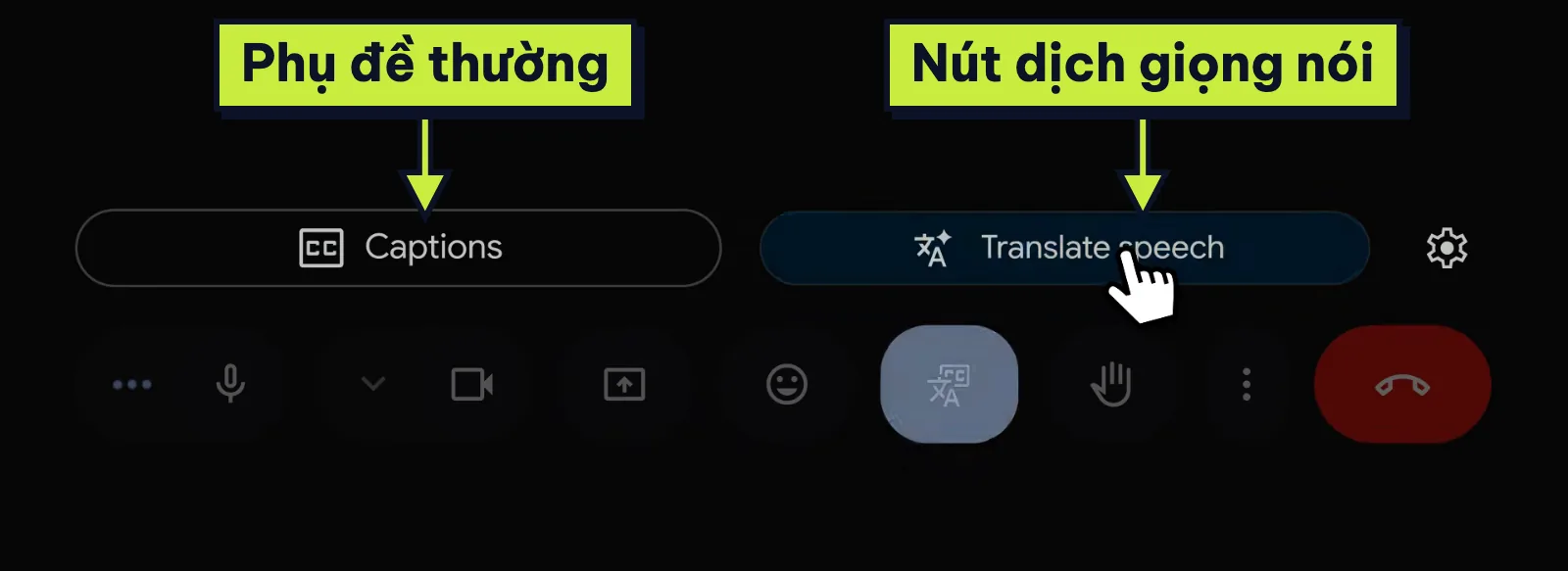 Nút Translate speech cạnh nút Captions trên thanh công cụ Google Meet