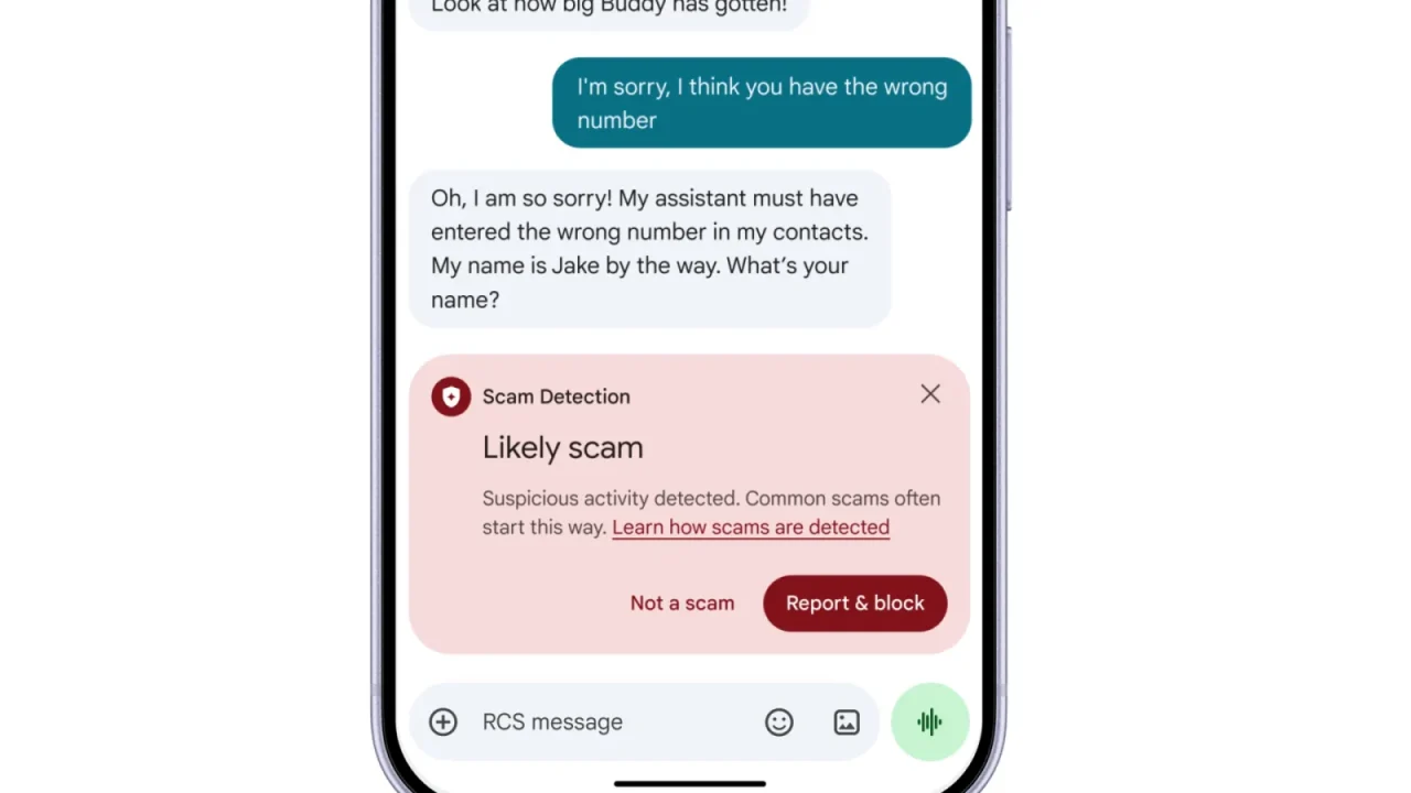 Thẻ cảnh báo Likely scam của Scam Detection hiện dưới tin nhắn lạ trong Google Messages