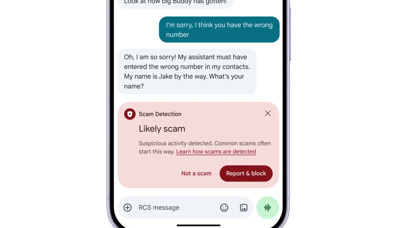 Thẻ cảnh báo Likely scam của Scam Detection hiện dưới tin nhắn lạ trong Google Messages